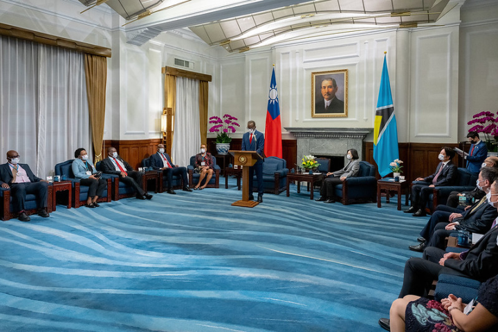 Prime Minister Philip J. Pierre of Saint Lucia delivers remarks at a meeting with President Tsai.