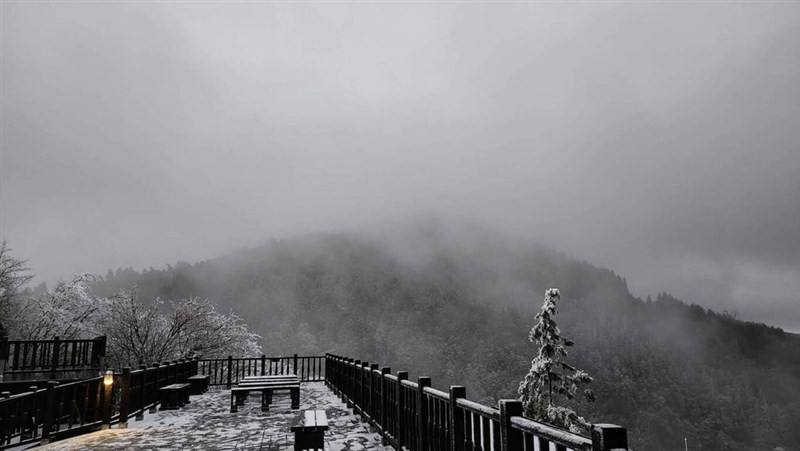 Snow falls at the Taipingshan national forest area in December 2023. File photo courtesy of the Yilan branch of the Taipingshan National Forest Recreation Area