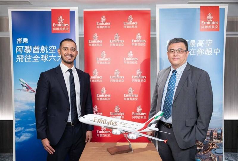 Sultan Alriyami (left), Emirates' Area Manager Taiwan, and SkyCargo manager in Taiwan Lin Hsiao-feng pose with an Airbus A380 jet model at a recent press event to mark the carrier's 10 years in Taiwan. Photo courtesy of Emirates Feb. 4, 2024