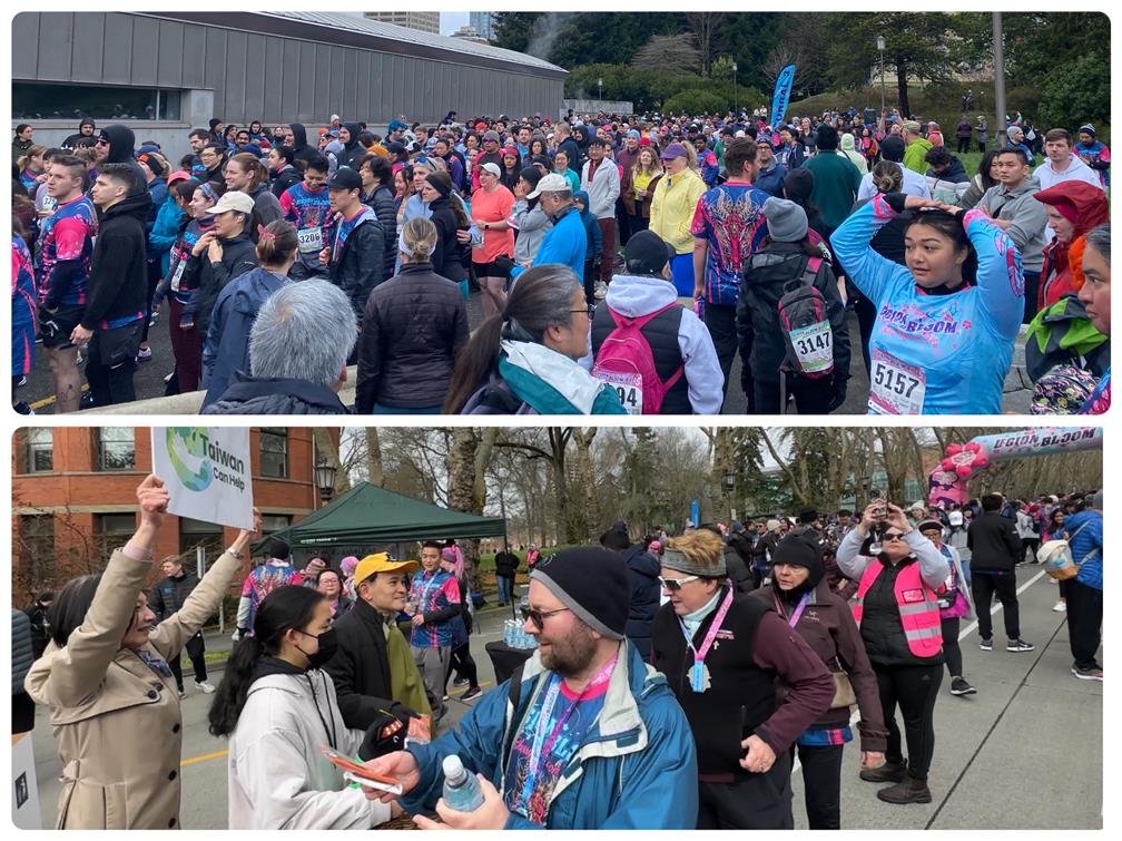 陳會長在「Cherry Blossom Run 櫻花長跑」活動現場帶領FASCA學員在終點線，發送參賽者僑委會臺灣黑熊關懷包及該協會訂製的貼身急救包。