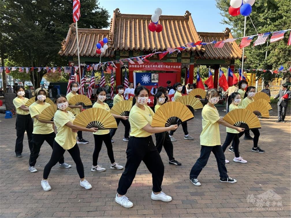 Performing iron fan dance for Double Ten Day.
