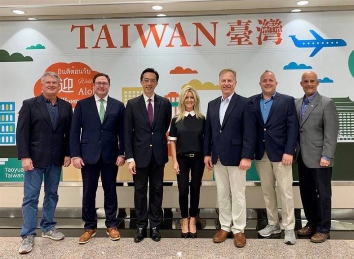 The Republican Study Group delegation, led by Rep. Kevin Hern of Oklahoma (third from right), poses for the photo with fellow members of the delegation and Douglas Yu-tien Hsu, director general of the Department of North American Affairs (third from left). Photo courtesy of Ministry of Foreign Affairs July 3, 2023
