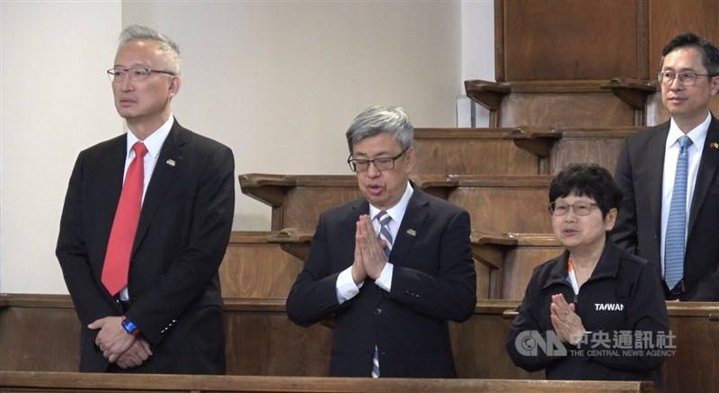From left to right: Deputy Foreign Minister François Wu, Former Vice President Chen Chien-jen and former second lady Lo Feng-ping attend an event at the Holy See on Saturday. CNA photo May 17, 2025