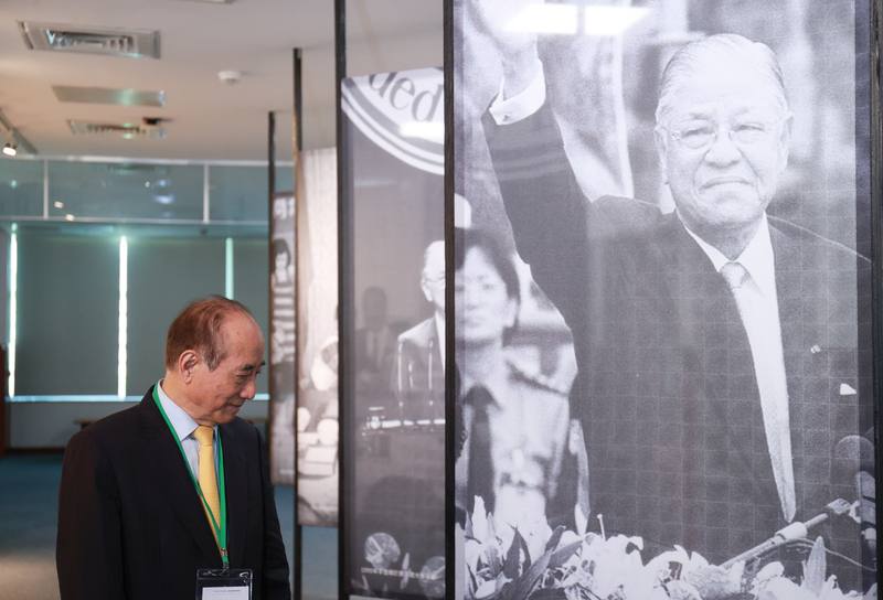 Former Legislative Yuan speaker Wang Jin-pyng visits the "PROTOTYPE: Mr. Democracy 2.0" exhibition in New Taipei on Wednesday. CNA photo July 30, 2025