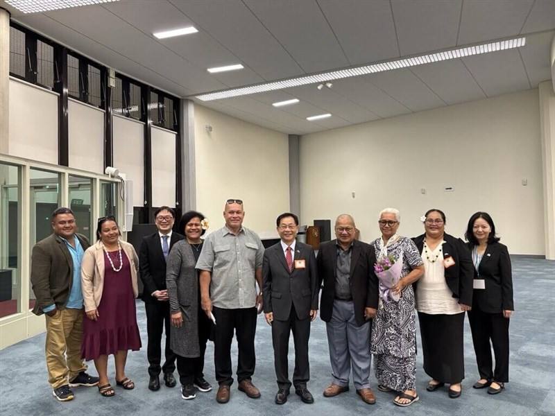 Tuvalu's parliament speaker Iakoba Italeli (fourth right) arrived in Taiwan on Wednesday. Photo courtesy of the Ministry of Foreign Affairs Aug. 27, 2025