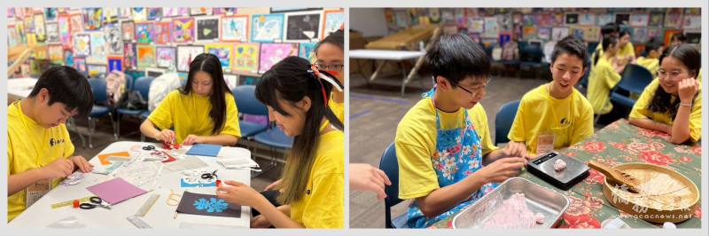 Students try their hand at traditional paper cutting (left) and making red turtle cake (right) — two hands-on workshops designed to bring Taiwanese cultural practices to life.